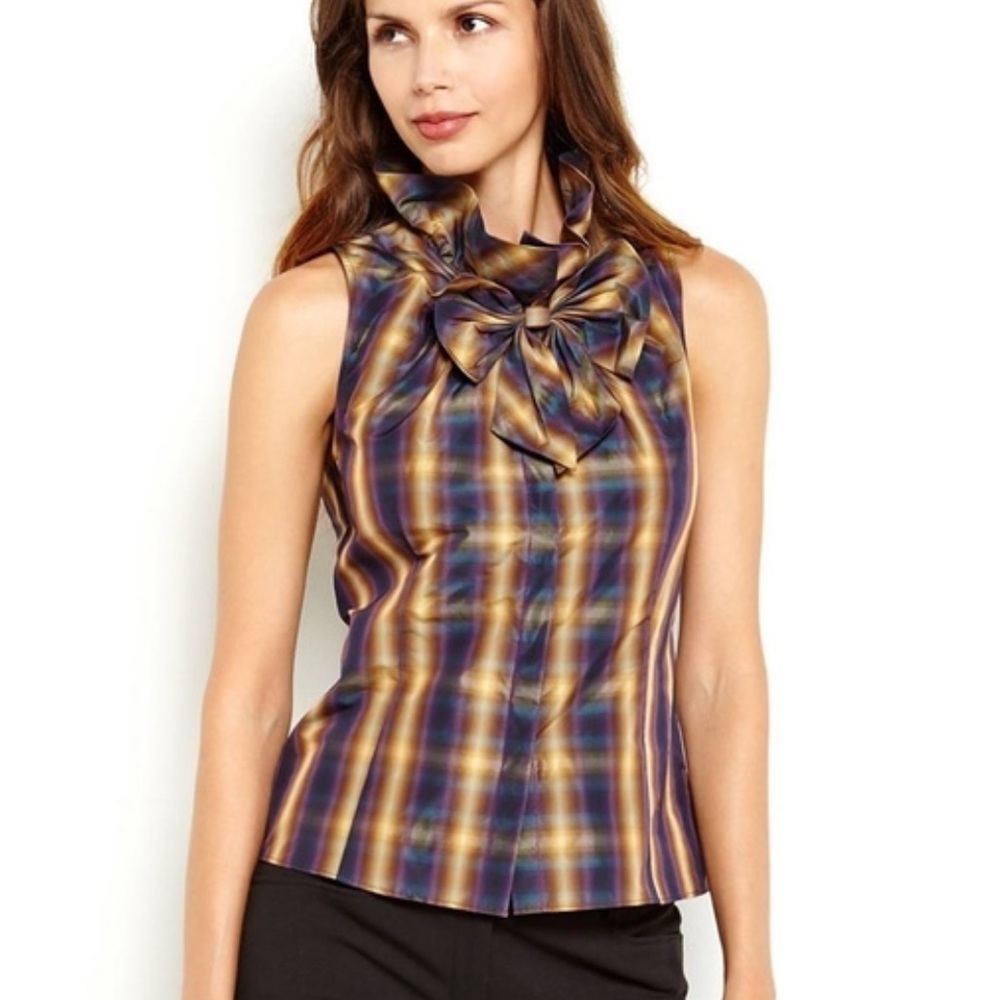 Lafayette 148 Clarissa bow plaid sleeveless shirt‎ blouse in a navy purple sz 4